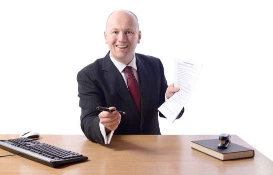 Buisnessman offering a pen to sign employment contract 