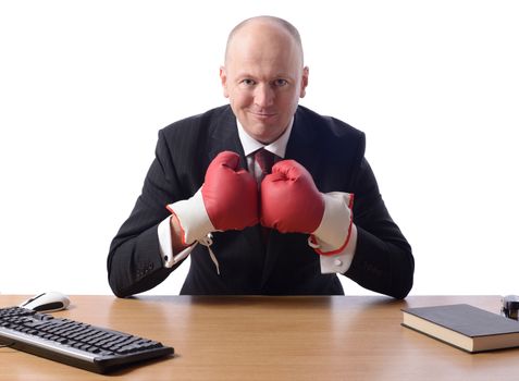 Stock image of person wearing business suit and boxing gloves  isolated on white