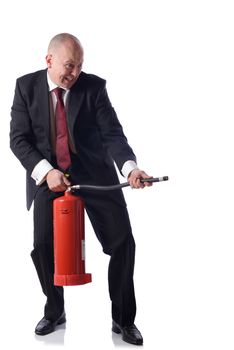 Businessman with fire extinguiser isolated on white. concept of putiing out fires resolving problems in buisness.