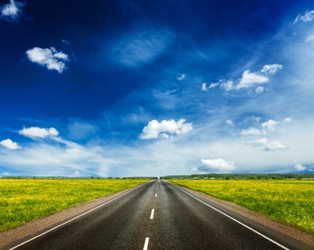 Travel concept background - road in blooming spring meadow