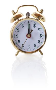 Concept of time is money, old alarm clock with dollar symbols for time, isolated on white