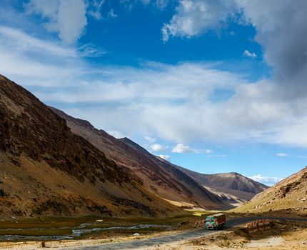 Indian lorry on Manali-Leh Road. Ladakh, India