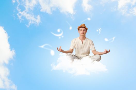 Image of young man sitting on clouds in lotus pose