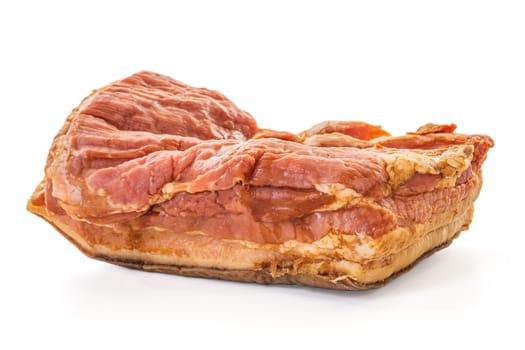 Smoked Bacon Slab over white background, Shallow Focus, Horizontal shot