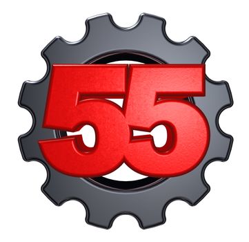 number fifty five and gear wheel on white background - 3d illustration