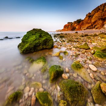 Rocks and Cliffs of Porto de Mos Beach in the Morning, Lagos, Algarve, Portugal