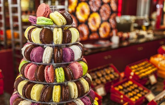Colorful pyramid of tasty French macarons.
