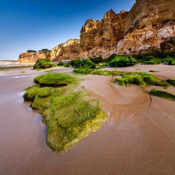 Rocks and Cliffs of Porto de Mos Beach in the Morning, Lagos, Algarve, Portugal