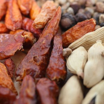 Background close up view of dried red hot chilli peppers and cardamom pods used as an ingredient and aromatic spice in cooking