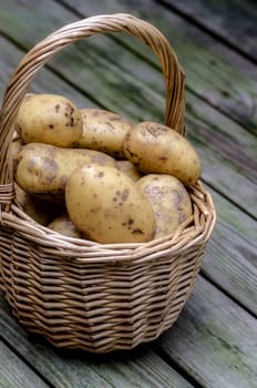 potatoes in basket on wooden floor