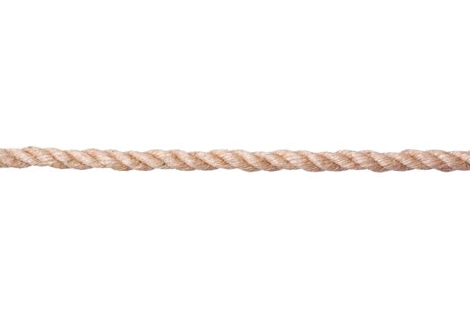 A straight line of twisted manila rope isolated on a white background.