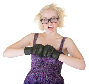 Pretty female adult on isolated background with boxing gloves