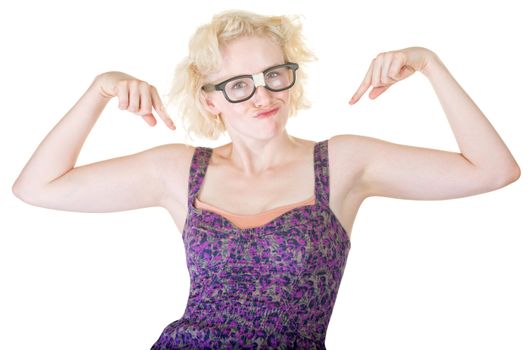 Funny Caucasian woman with damaged thick eyeglasses