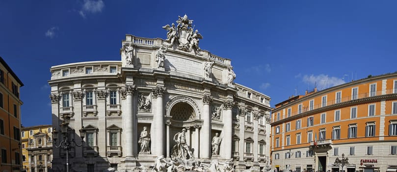 View of the most famous fountain of the world, Fontana di Trevi, Rome, Italy.