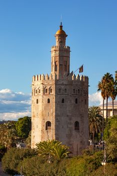 Torre del Oro Old Moorish Military Watchtower Seville Andalusia Spain.  Built in the 1200s,  One of the oldest buildings in Seville.  Prison in the Middle Ages.