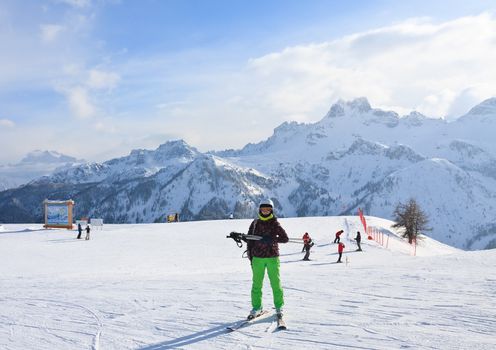 Alpine skier. Ski resort of Selva di Val Gardena, Italy
