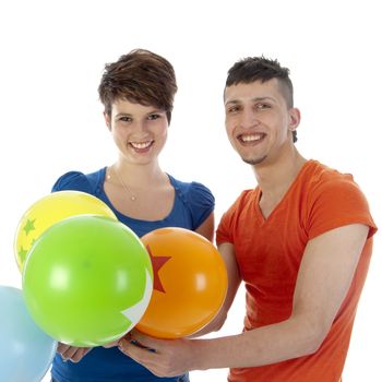 happy couple with colorful balloons on a white background