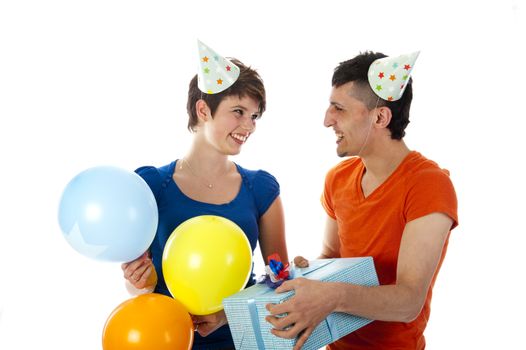happy couple with colorful balloons on a white background