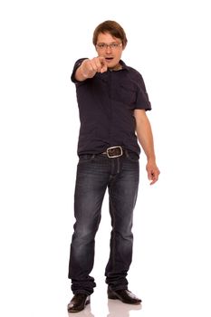 Man with glasses pointing the finger. Isolated on white background