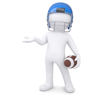 3d man in a football helmet holds an empty hand. Isolated render on a white background