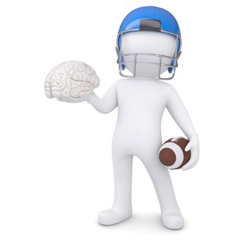 3d man in a football helmet keeps the brain. Isolated render on a white background