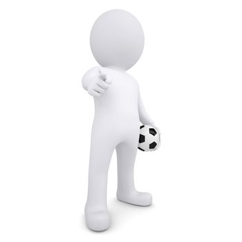 3d white man with a soccer ball points his finger at the viewer. Isolated render on a white background