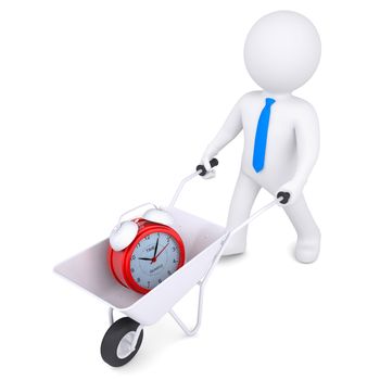 3d white man carries a wheelbarrow of alarm clock. Isolated render on a white background