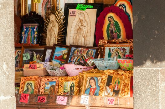 Religious souvenirs for sale in the Basilica of our Lady of Guadalupe in Mexico City