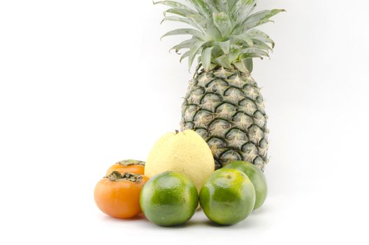 pineapple chinese pear persimon and green orange isolatedon white background