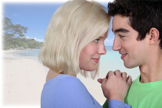 Young couple in front of tropical background