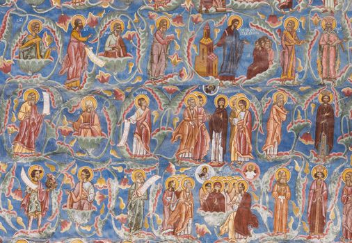 religious paintings on Moldovita monastery wall, Romania