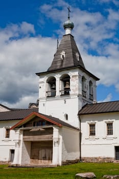 White orthodox church in Ferapontov monastery in summer day
