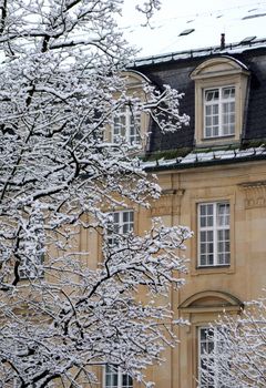 Detail Of A Grand Classical European House In The Winter Snow