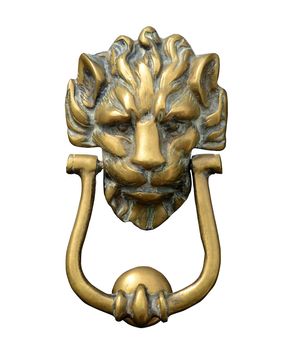 Isolation Of A Grungy Ornate Brass Lion Door Knocker WIth Clipping Path