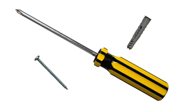 A Screwdriver, Screw And Screw Anchor Or Wall Plug