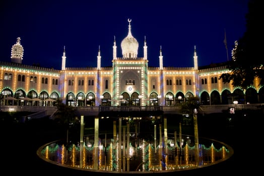 Nimb, moorish palace in Tivoli, Copenhagen, illuminated