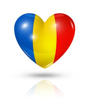 Love Romania symbol. 3D heart flag icon isolated on white with clipping path