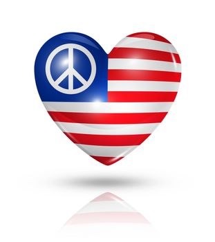 USA peace love symbol. 3D heart flag icon isolated on white with clipping path