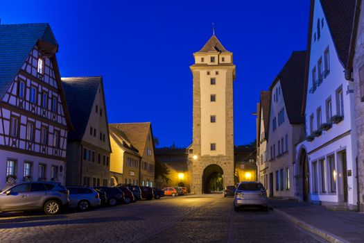 Night shot at one gate of the medieval town of Rothenburg ob der Tauber in Bavaria