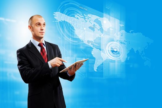 Image of businessman with tablet pc against media background