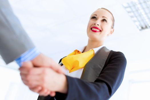 Image of businesswoman greeting colleague. Partnership concept