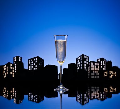 Metropolis Champagne cocktail in city skyline setting