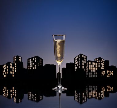 Metropolis Champagne cocktail in city skyline setting