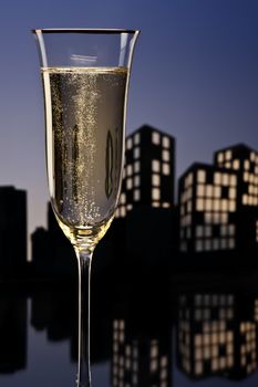 Metropolis Champagne cocktail in city skyline setting