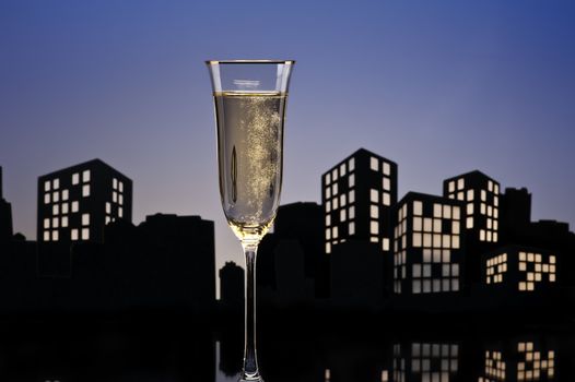 Metropolis Champagne cocktail in city skyline setting