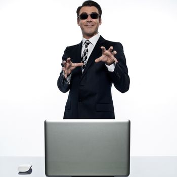 man computer hacker  caucasian in studio isolated on white background