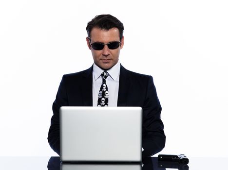 business man caucasian hacker computer attack isolated studio on white background