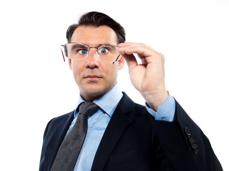 man businessman nearsighted squinting holding glasses isolated studio on white background