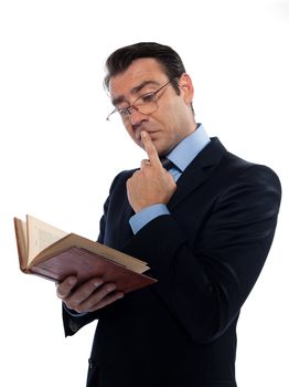 man caucasian teacher professor reading holding ancient book thinking isolated studio on white background