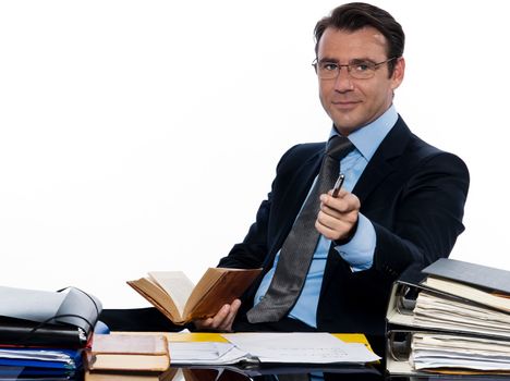 one man caucasian business man professor teacher  beckoning pointing camera sitting busy isolated studio on white background